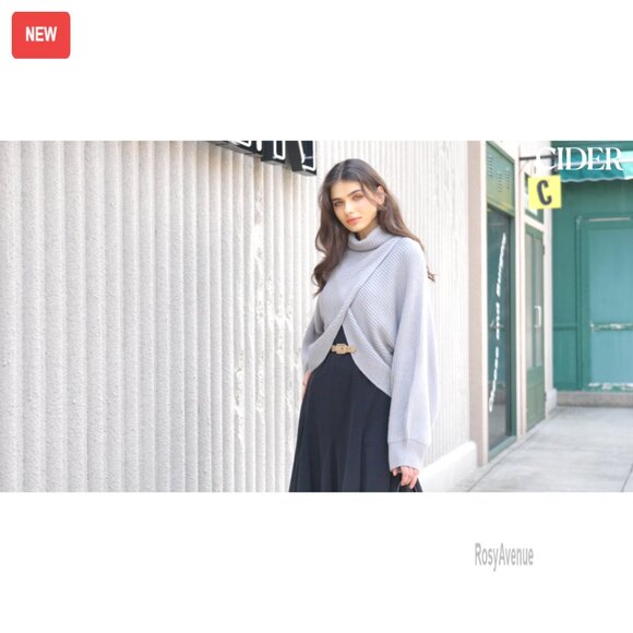 Cropped Turtleneck Sweater Long Sleeve Ribbed Knit Lantern Sleeve Pullover - Picture 7 of 7